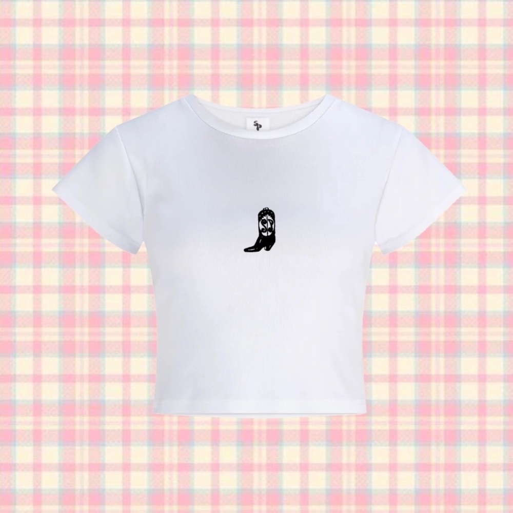Cowboy Boot Baby Tee in White Sz S/M
